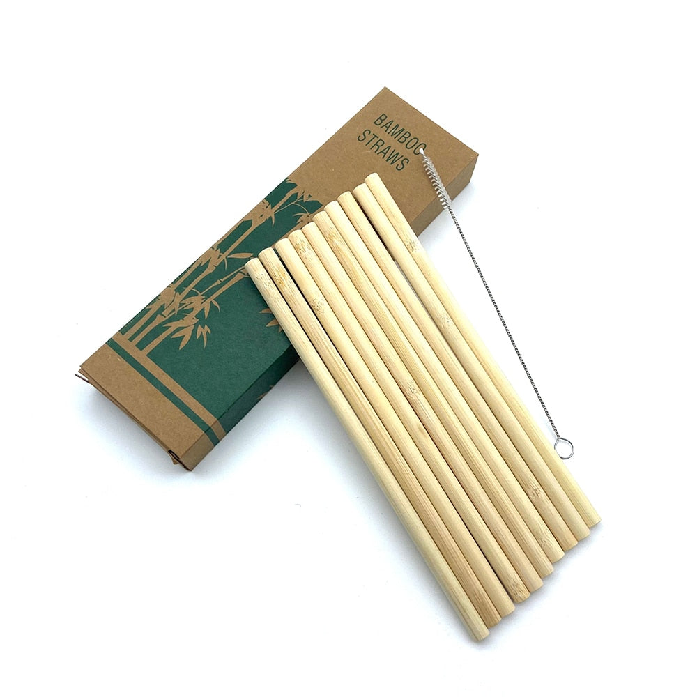 10Pcs Natural Organic Reusable Bamboo Straw Set