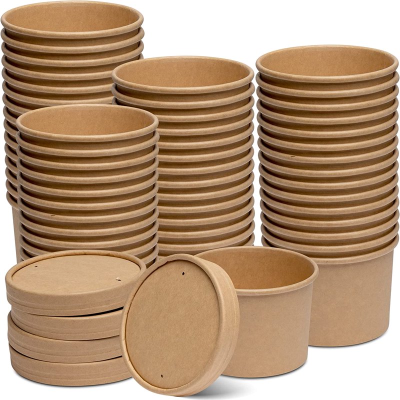 Elegant 50-Pack Disposable Kraft Paper Container Ice Cream Cups with Secure Lids – Perfect for Parties, BBQs, Picnics and More